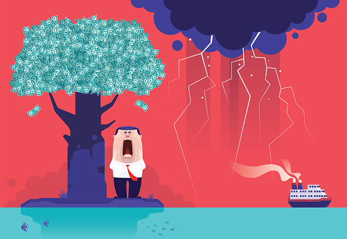 vector illustration of businessman screaming and standing beside money tree on island while bad weather approaching