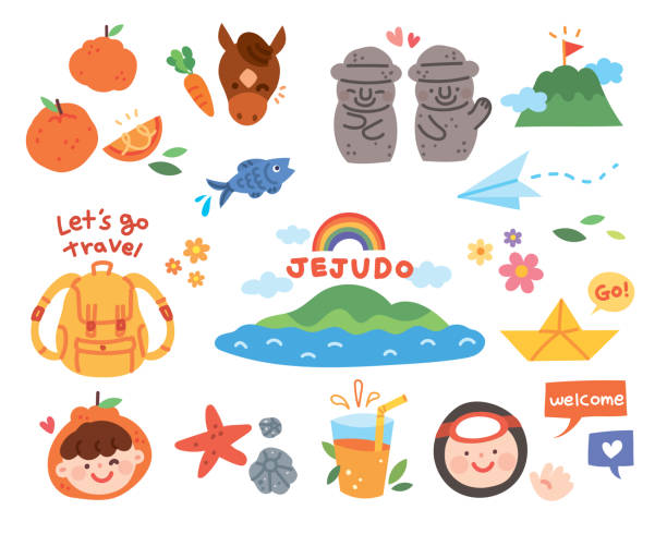 Vector illustration with hand drawn cute Jeju Island elements. A collection of specialties and symbols of Jeju Island. jeju city stock illustrations