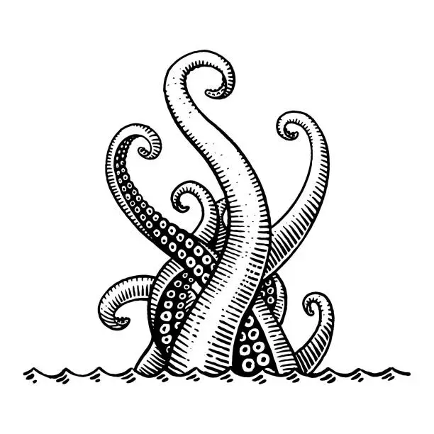 Vector illustration of Vector drawing of a sea monster tentacles coming out of water