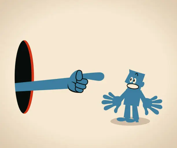 Vector illustration of A blue man is being pointed at by someone's index finger coming out of a hole