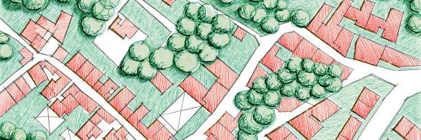 istock Imaginary cadastral map with buildings, land parcel and vacant plot - land records and property registry concept with cadastral parcel 1490547918