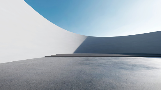 3d render of abstract modern architecture with empty concrete floor and curve wall, car presentation background.