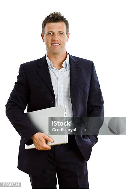 Feliz Hombre De Negocios Con Ordenador Portátil Aislado Foto de stock y más banco de imágenes de De cuello abierto