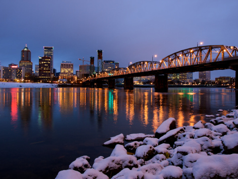 Portland, Oregon waterfront and Hawthorne Bridge after a snow storm.