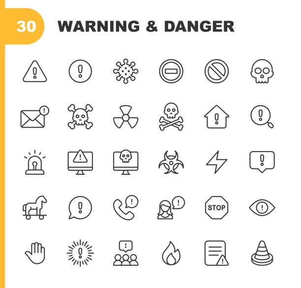 ikony varovných a nebezpečných čar. upravitelný tah. pixel perfektní. pro mobilní zařízení a web. obsahuje takové ikony jako varovné znamení, nebezpečí, výstraha, nehoda, opatrnost, zastavení, komunikace, počítačový virus, hacker, zlod - kontaminací pojmů stock ilustrace
