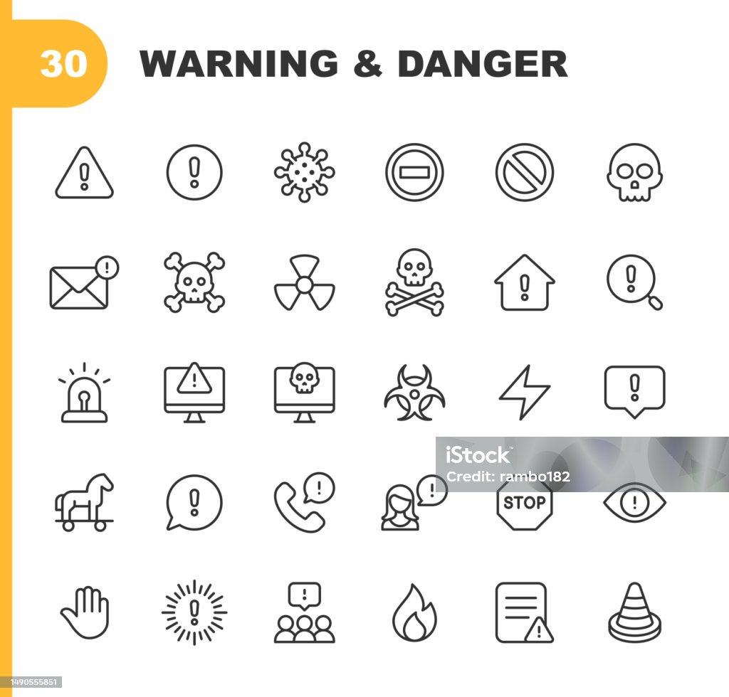 Warning and Danger Line Icons. Editable Stroke. Pixel Perfect. For Mobile and Web. Contains such icons as Warning Sign, Danger, Alert, Accident, Caution, Stop, Communication, Computer Virus, Hacker, Identity Thief, Biohazard, Protection, Error Message. 30 Warning and Danger Outline Icons. Warning Sign, Danger, Alert, Accident, Banner, Caution, Stop, Virus, Coronavirus, Cold and Flu, Scull, Email, Message, Communication, Computer Virus, Hacker, Identity Thief, Thief, Biohazard Symbol, Radioactive, Siren, Trojan Horse, Eye, Telephone, Information, Risk, Protection, Safety, Traffic, Road, Thunder, Fire, Human Hand, Error Message, Problem. Icon Symbol stock vector Warning and Danger Line Icons. Editable Stroke. Pixel Perfect. For Mobile and Web. Contains such icons as Warning Sign, Danger, Alert, Accident, Caution, Stop, Communication, Computer Virus, Hacker, Identity Thief, Biohazard, Protection, Error Message. 30 Warning and Danger Outline Icons. Warning Sign, Danger, Alert, Accident, Banner, Caution, Stop, Virus, Coronavirus, Cold and Flu, Scull, Email, Message, Communication, Computer Virus, Hacker, Identity Thief, Thief, Biohazard Symbol, Radioactive, Siren, Trojan Horse, Eye, Telephone, Information, Risk, Protection, Safety, Traffic, Road, Thunder, Fire, Human Hand, Error Message, Problem. Icon Symbol stock vector