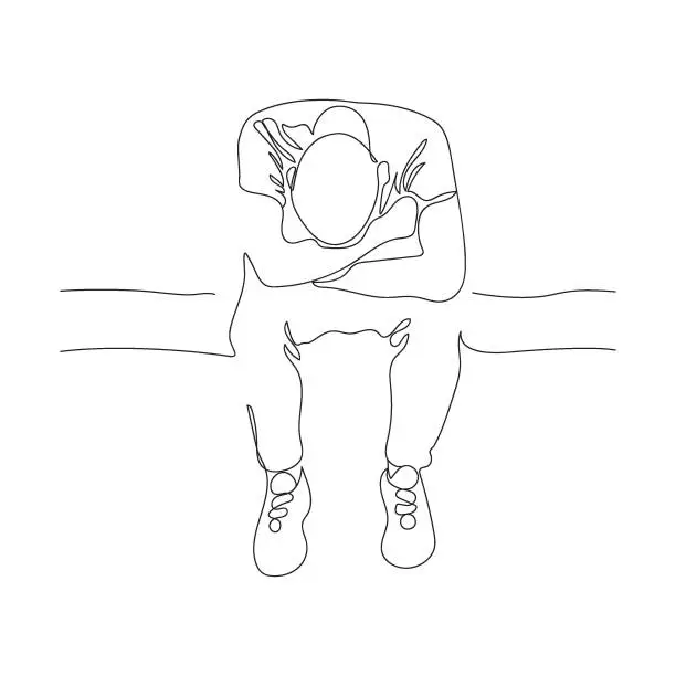 Vector illustration of Man sitting on bench, put head on knees. Black and white vector illustration in line art style.
