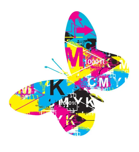 Vector illustration of Butterfly  with cmyk colors and binary codes.