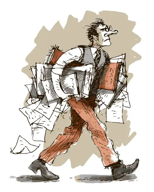 Vector illustration of man walking with a pile of files and papers