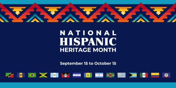 Hispanic heritage month. Vector web banner, poster, card for social media, networks. Greeting with national Hispanic heritage month text, ornament on blue background with red, yellow color. Hispanic heritage month. Vector web banner, poster, card for social media, networks. Greeting with national Hispanic heritage month text, ornament on blue background with red, yellow color. hispanic heritage month stock illustrations