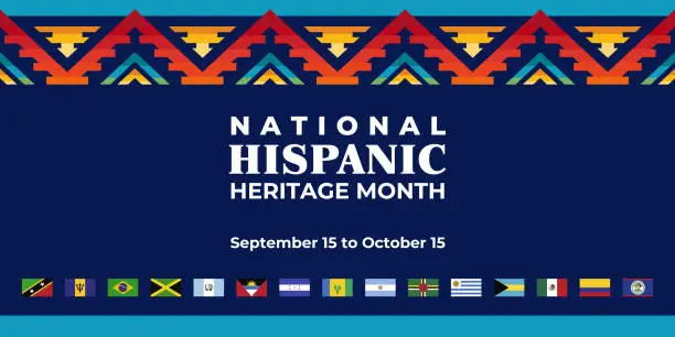 Vector illustration of Hispanic heritage month. Vector web banner, poster, card for social media, networks. Greeting with national Hispanic heritage month text, ornament on blue background with red, yellow color.