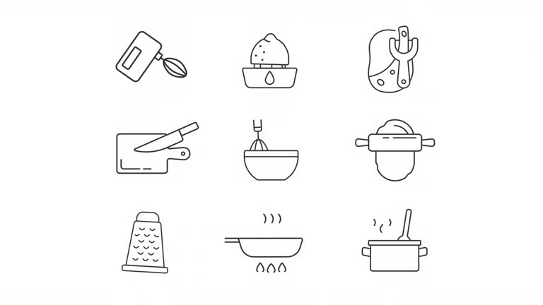 Animated kitchen utensils line icons