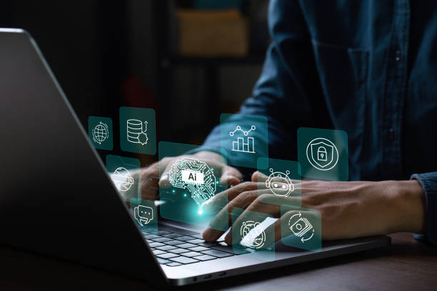 istock Artificial Intelligence AI, Internet of Things IoT concept. Businessman using laptop analyze and development at various information on futuristic virtual interface screen. computer brain communication 1490561712