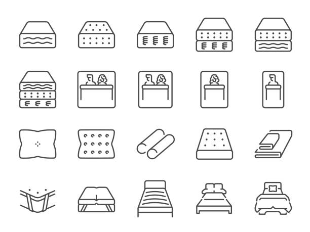 Mattress icon set. It included the bed, pillow, material, sleep and more icons. Mattress icon set. It included the bed, pillow, material, sleep and more icons. bed frame stock illustrations