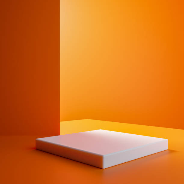 istock Elegant abstract white podium in sunlight with shadow, striped place with perspective on white background for product display. Simple modern geometric design. 1490566374