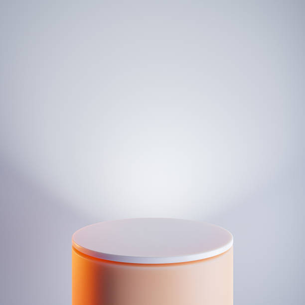 Elegant abstract white podium in sunlight with shadow, striped place with perspective on white background for product display. Simple modern geometric design.