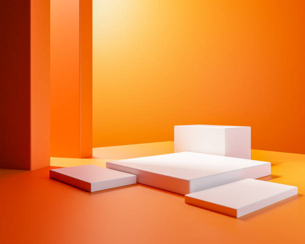 istock Elegant abstract white podium in sunlight with shadow, striped place with perspective on white background for product display. Simple modern geometric design. 1490566506
