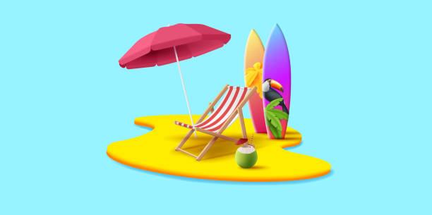 istock Tropical island with beach umbrella and chair with surfing board and coconut cocktail, 3d render illustration 1490567080