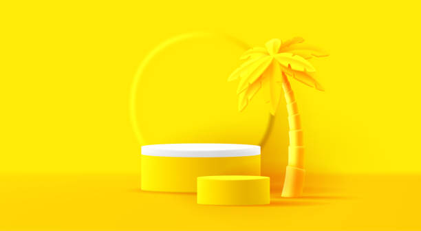 istock 3D stage culinder podium mockup with palm tree, sunny bright yellow mono chrome composition 1490567661