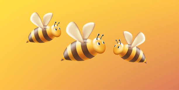 istock Flying bees, 3d render stylized illustration of insect with yellow striped bodies and wings and face with eyes and antennae, character design 1490568369