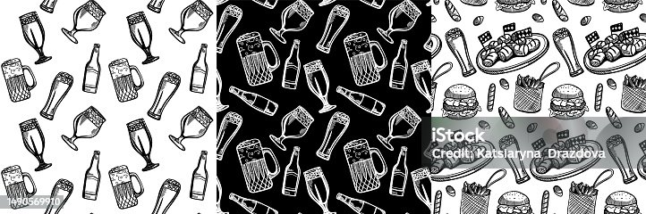 istock Street Food Seamless Pattern set. Wrapping paper design. Yellow engraving style illustrations of burger and beer. EPS10 vector illustration. 1490569910