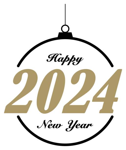 istock Happy New Year 2024 greetings vector in gold and black. Abstract Christmas bauble. Isolated Background. 1490570908