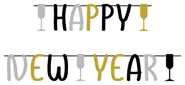 Vector illustration of Happy New Year. Gold, Silver and Black calligraphic lettering. Isolated back.