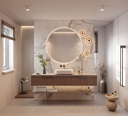 Computer graphic image of a luxurious bathroom with marble tiles