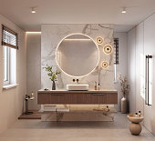 Digitally generated image of a  luxury bathroom with marble tiles
