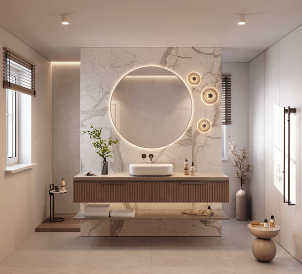 Digitally generated image of a luxury bathroom with marble tiles Computer graphic image of a luxurious bathroom with marble tiles streaky lights stock pictures, royalty-free photos & images
