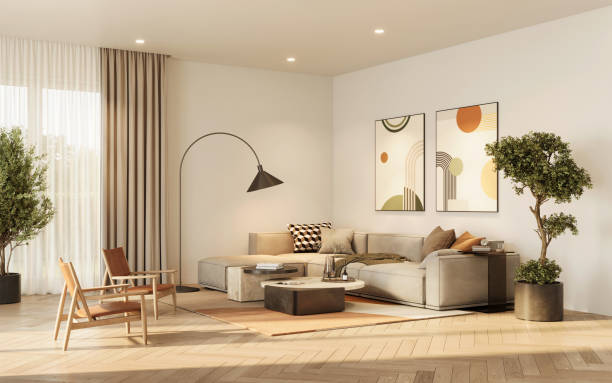 gambar ruang tamu dengan lantai kayu yang dihasilkan secara digital - ruang-keluarga-interior-rumah potret stok, foto, & gambar bebas royalti