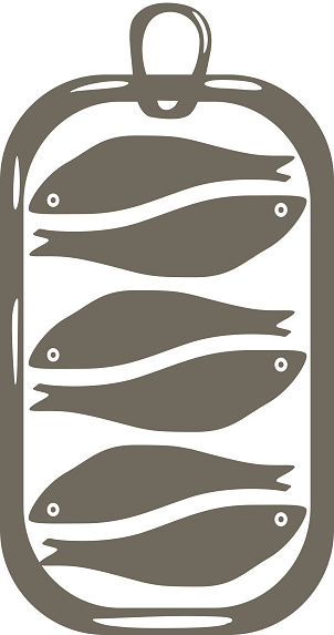 Scalable vectorial image representing a canned sardines fish icon silhouette, element for design, illustration isolated on white background.