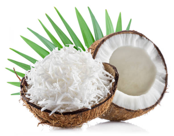 istock Cracked coconut and shredded coconut meat isolated on white background. 1490578261