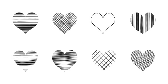 Black and white striped and checkered hearts, isolated on a white background. Different decorative hearts. Love concept. Vector set for holiday greeting card, poster, banner, invitation, cover, print for t-shirt, Valentine's day and wedding design