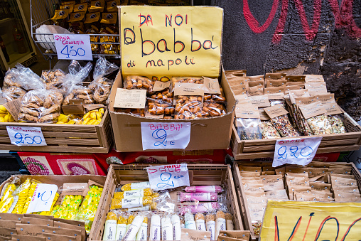 Nice, France, January 2020 – Various dried fruits for sell in a market stall at the Corus Saleya