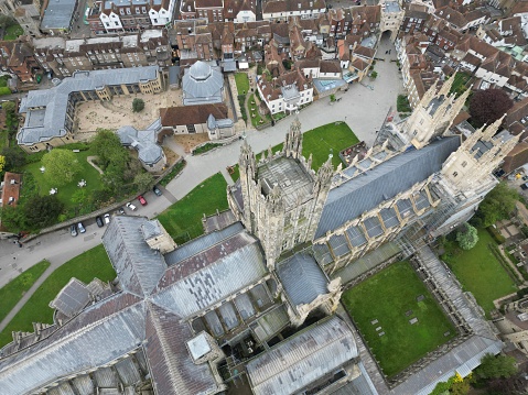 An aerial shot of Canterbury Cathedral, the iconic English cathedral located in Kent, England