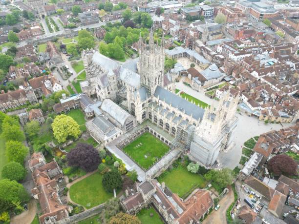 Aerial photograph of Canterbury Cathedral, located in Canterbury, Kent, England Aerial view of Canterbury Cathedral, a historic cathedral located in Canterbury, Kent, England canterbury england stock pictures, royalty-free photos & images