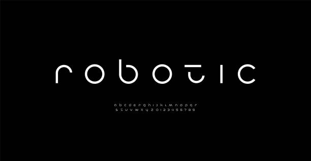 tech science font, digitální kybernetická abeceda z budoucího designu, malá písmena a, b, c, d, e, f, g, h, i, j, k, l, m, n, o, p, q, r, s, t, u, v, w, x, y, z a číslice 0, 1, 2, 3, 4, 5, 6, 7, 8, 9 - abeceda stock ilustrace
