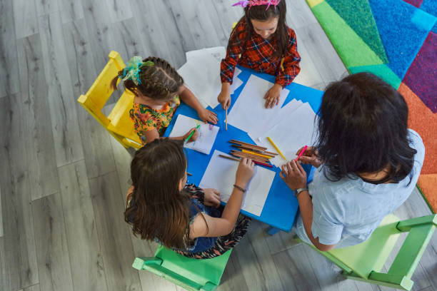 istock Creative kids during an art class in a daycare center or elementary school classroom drawing with female teacher. 1490580644