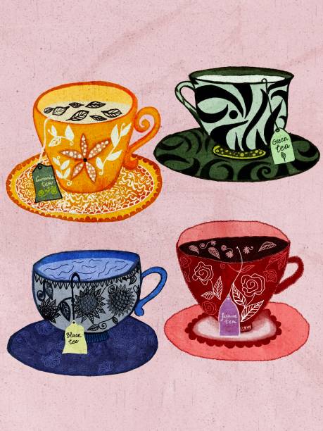 ilustraciones, imágenes clip art, dibujos animados e iconos de stock de ilustración de cuatro tazas de té de diseño diferente - tea tea leaves jasmine tea leaf