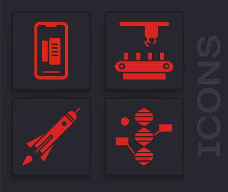 Set DNA symbol, Smartphone, mobile phone, Factory conveyor system belt and Rocket ship with fire icon. Vector