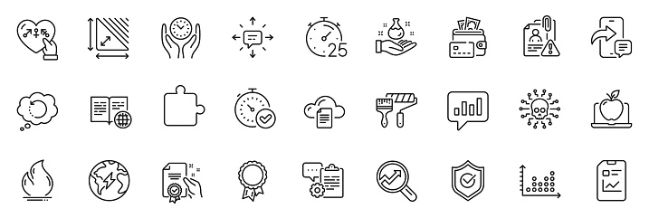 Icons pack as Cyber attack, Internet book and Recovery data line icons for app include Timer, Safe time, Chemistry lab outline thin icon web set. Certificate, Approved shield. Vector