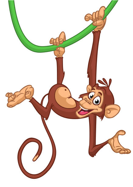 Cartoon monkey chimpanzee handing upside down on the tree branch. Vector illustration of happy monkey character Cartoon monkey chimpanzee handing upside down on the tree branch. Vector illustration of happy monkey character. clip art of a monkey holding banana stock illustrations