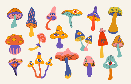 Set of clockwork mushrooms in retro 70s style. Psychedelic abstract hippie style mushrooms with eyes. Vector illustration on a light background.