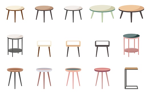 Big set of isolated end tables in flat style. Vector illustration.