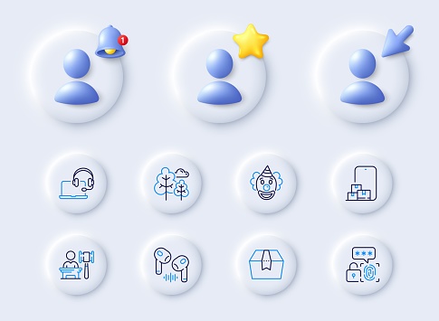 Tree, Consult and Biometric security line icons. Placeholder with 3d cursor, bell, star. Pack of Headphone, Clown, Online storage icon. Package box, Auction pictogram. For web app, printing. Vector