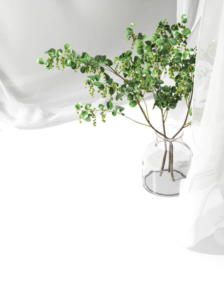 istock Empty white counter table, soft, smooth blowing sheer fabric curtain drapery, tree branch glass vase in sunlight 1490583755