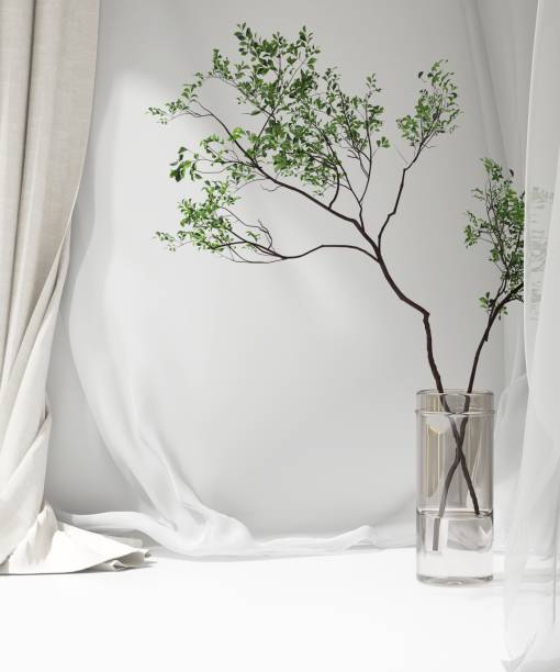 istock Empty white counter table, soft, smooth sheer fabric, beige cloth drapery, tree branch glass vase in sunlight 1490583761