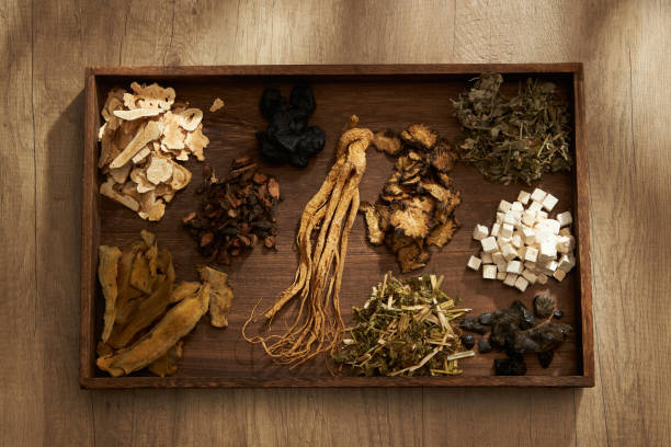 TRADITIONAL MEDICINE Top view of traditional Chinese herbs placed on a dark wooden tray, on wooden table background. Scene for medicine advertising, photography traditional medicine content codonopsis pilosula stock pictures, royalty-free photos & images