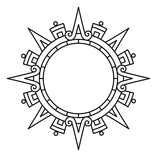 Aztec solar disk, sun symbol and diadem, representing Tonatiuh Aztec solar disk, sun symbol and diadem, representing the Aztec sun deity Tonatiuh. 4 large arrows or rays pointing in the cardinal directions, with further subdivisions for inter-cardinal directions. cardinal clergy stock illustrations
